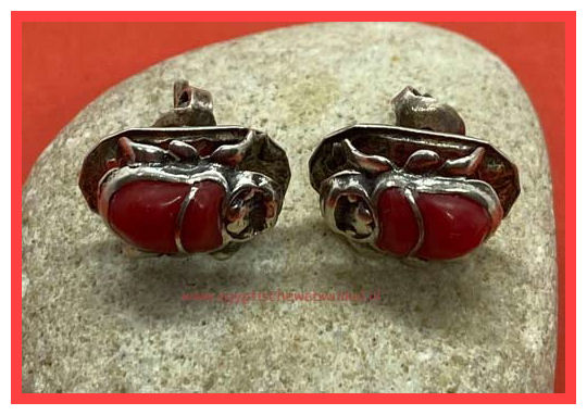 Scarab silver earrings with coral